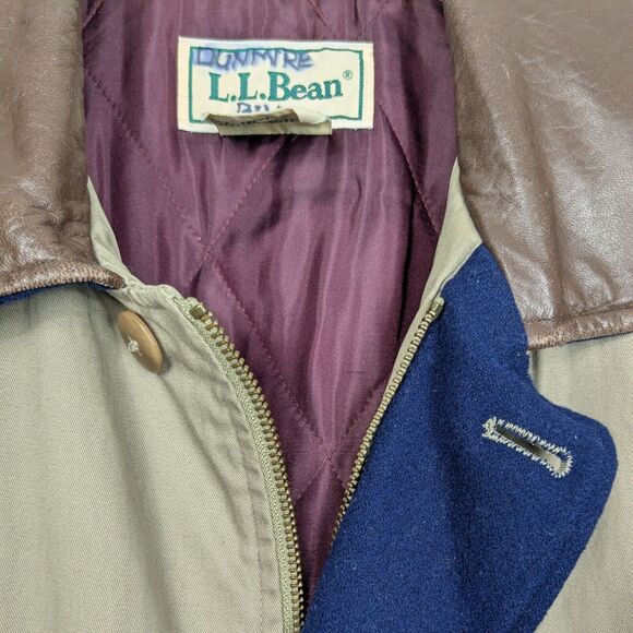 Vintage LL Bean Barn Jacket Mens L Tan Brown Leather Wool 80s 90s Chore Coat - Picture 12 of 16